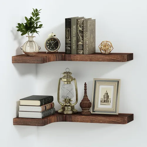 Vista 14 de SAUMONIERES Estantes flotantes de esquina de madera maciza para dormitorio, baño, cocina, almacenamiento, juego de 3, negro, soportes invisibles