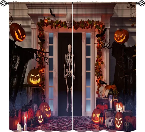 Vista 24 de Cortinas de Halloween con diseño de bosque gótico rojo, cruz gótica, Halloween, festividades, festival, tratamiento de ventana para sala de estar