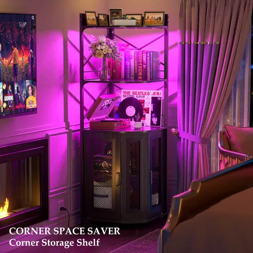 Vista 6 de Aheaplus Gabinete Bar de Esquina con Toma de Corriente, Gabinete de Vino Industrial con Tira LED y Portavasos, Gabinetes de Licores de 5 Niveles