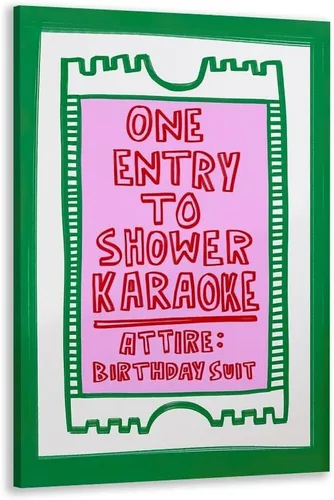 Vista 13 de Arte de pared moderno en rosa y azul con entrada a la ducha, póster de karaoke, decoración divertida para baño, señales retro para baño, decoración