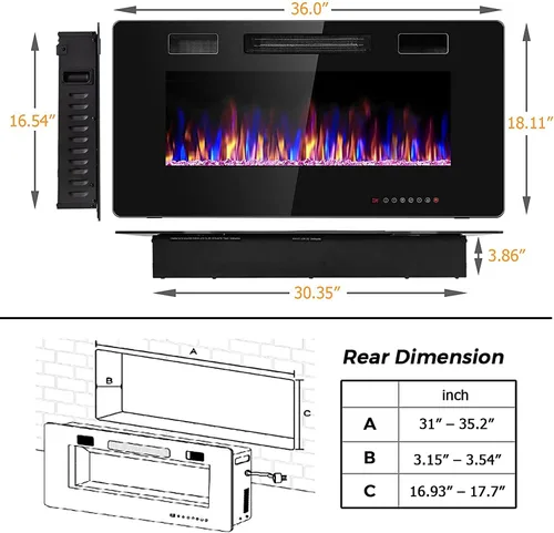 Vista 4 de Topment Chimenea eléctrica empotrada y montada en la pared con color y velocidad de llama ajustables, control remoto y táctil con temporizador, bajo
