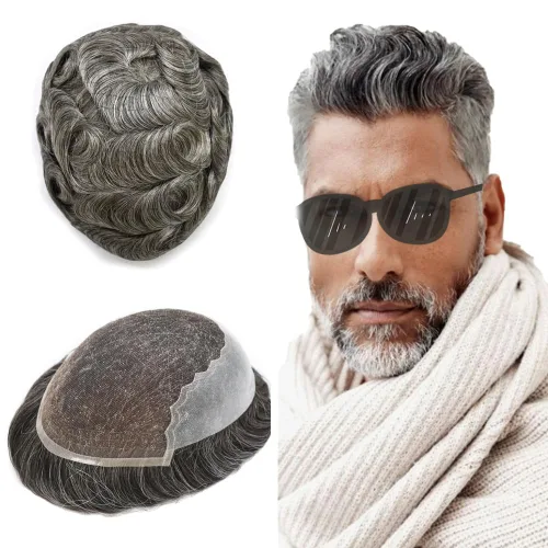 Vista 91 de Mens Toupee Swiss Lace Mens Hair Piece Sistema de reemplazo de cabello para hombres Toupee para hombres Cabello humano nudo blanqueado protesis
