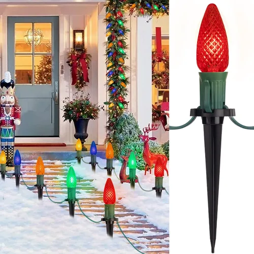 Vista 12 de Tira de luces LED estilo sendero de Navidad para exteriores; tira de 20 luces LED C9 con carcasa de fresa y estaca, interconectables, luz cálida