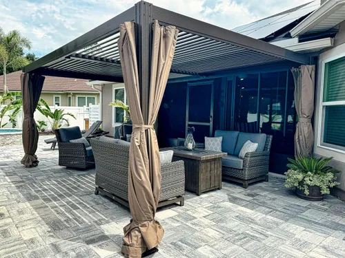 Vista 13 de Domi - Pérgola de aluminio para exteriores de 10 x 10 pulgadas con cortinas y malla Marrón oscuro