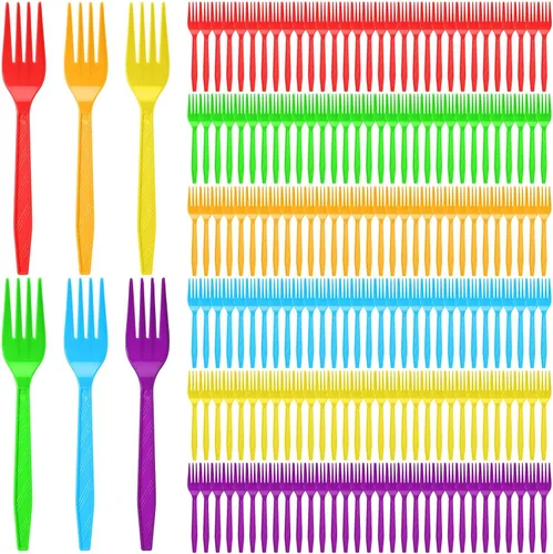 Vista 8 de Tioncy 360 tenedores de plástico arcoíris desechables a granel, cubiertos de plástico coloridos para fiestas de verano, picnic, camping, restaurante