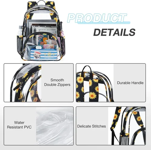 Vista 5 de LIGHT FLIGHT Mochila grande transparente con correas acolchadas reforzadas, mochila transparente de PVC resistente, bolsas transparentes