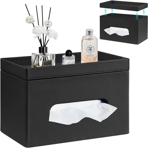 Vista 10 de YAPISHI Caja de pañuelos grande rectangular con almacenamiento de bandeja, soporte de pañuelos faciales de piel sintética, se adapta a 230