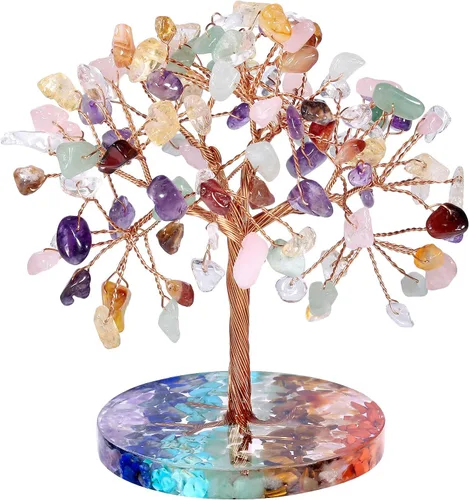 Vista 12 de rockcloud Árbol de dinero de alambre de cobre de cristal aguamarina con base redonda de resina colorida, árbol de piedra bonsái hecho a mano