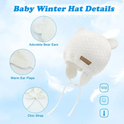 Vista 4 de BAVST Gorro para bebé para invierno con orejeras de oso lindo para niños y niñas de 0 a 2 años