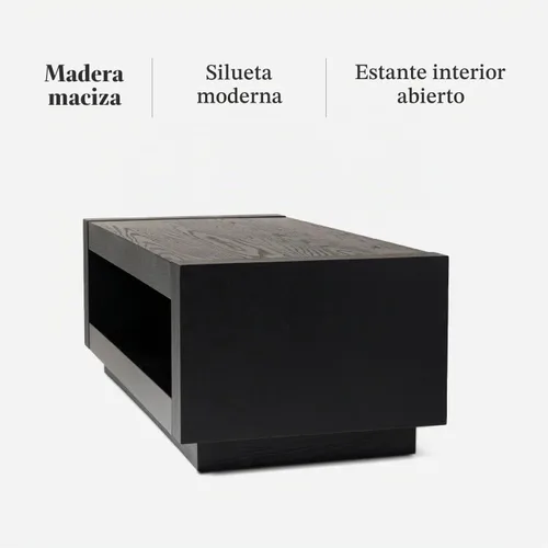 Vista 5 de Maven Lane Artemis Mesa de Café – Mesa Rectangular de 45 cm con Almacenamiento – Madera Sólida Negra – Ideal para Sala de Estar y Salón