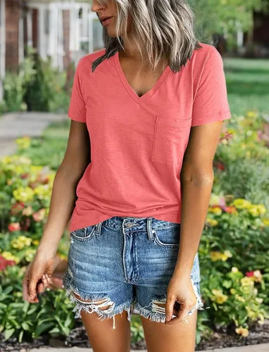 Vista 6 de PGANDS Camisetas de verano para mujer, cuello en V, manga corta, casual, básica, ajuste holgado