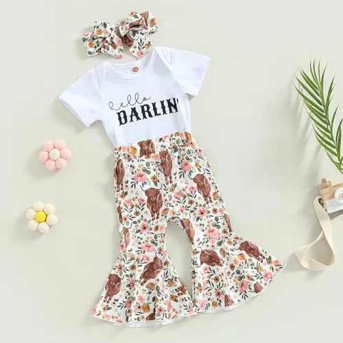 Vista 3 de Conjunto de ropa de bebé occidental para niñas, con estampado de vaca, pantalón y diadema