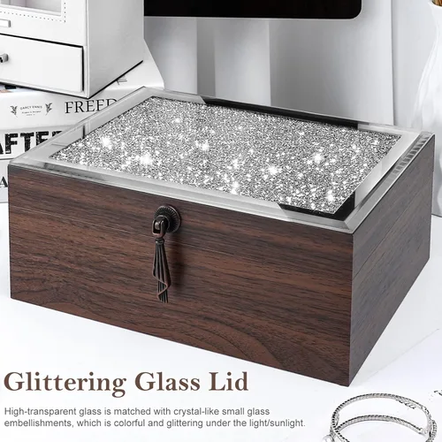 Vista 2 de Homde Caja organizadora de joyas con cubierta de cristal brillante para relojes, collares, aretes, anillos, regalo de lujo para mujeres y niñas