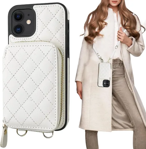 Vista 14 de Bocasal Funda tipo cartera cruzada para iPhone 12/12 Pro, bloqueo RFID, de piel sintética, con cremallera, bolso cartera con tapa plegable, funda
