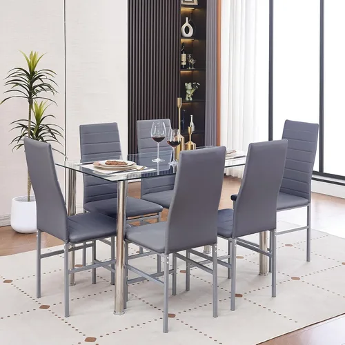 Vista 11 de Juego de mesa y silla de comedor de 7 piezas, juego de mesa de comedor para 6 mesas de cocina con 6 sillas, mesa rectangular de vidrio con 6 sillas