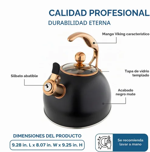 Vista 6 de Tetera de acero inoxidable Viking de 3 capas, 2.6 cuartos de galón para estufa con tapa de vidrio templado, mango ergonómico, lista para inducción