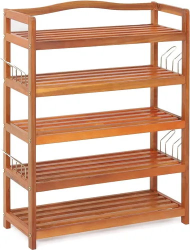 Vista 9 de Giantex Zapatero de 5 niveles, estante de madera de acacia con ganchos laterales de metal, capacidad para 12-18 pares, organizador de zapatos