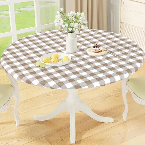 Vista 10 de misaya Mantel redondo ajustable con borde elástico, mantel de vinilo impermeable a cuadros de búfalo con parte trasera de franela para mesas