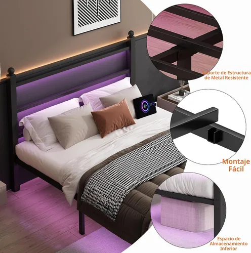 Vista 7 de CLIBFENG Base de cama de tamaño matrimonial con cabecero y estribo, soporte de listones de acero, marco de cama LED con estación de carga, base