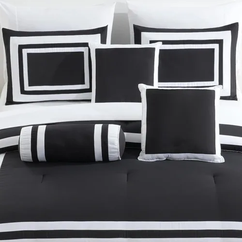 Vista 4 de Chezmoi Collection Caprice Juego de ropa de cama con edredón, de 7 piezas, estilo hotel, con patrón cuadrado en bloque de color moderno