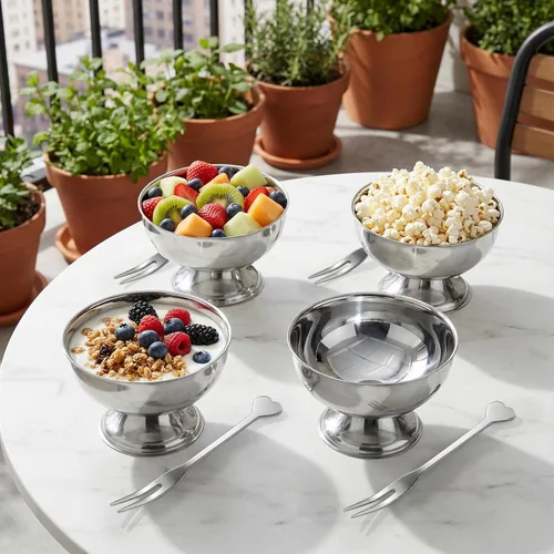 Vista 6 de Vasos de postre de acero inoxidable, cuencos con patas de helado de 5.5 onzas con tenedores, tazas plateadas para servir, mini cuencos de postre