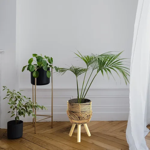 Vista 3 de Soporte para maceta de bambú tejido de ratán con patas, contenedor tejido a mano para decoración de sala de estar, balcón (#1)