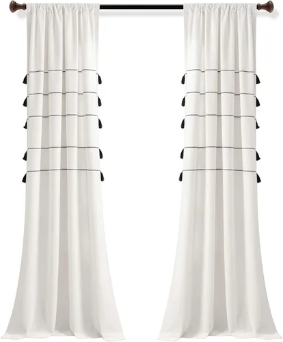 Vista 11 de Lush Decor Cortinas de ventana de mezcla de algodón teñido con borlas, estilo bohemio, estilo bohemio, a rayas, 42 pulgadas de ancho x 84 pulgadas