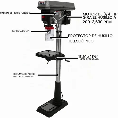 Vista 2 de JET Prensa de taladro de piso de 15 pulgadas, 16 velocidades, 3/4 HP, 115/230V 1Ph (modelo J-2500)