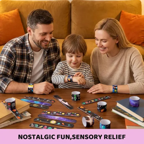 Vista 6 de MCPINKY Pulseras Slap, 48 pulseras para niños con ovni astronauta espacial patrón de estrellas a presión para recuerdos de fiesta, regalos de Año