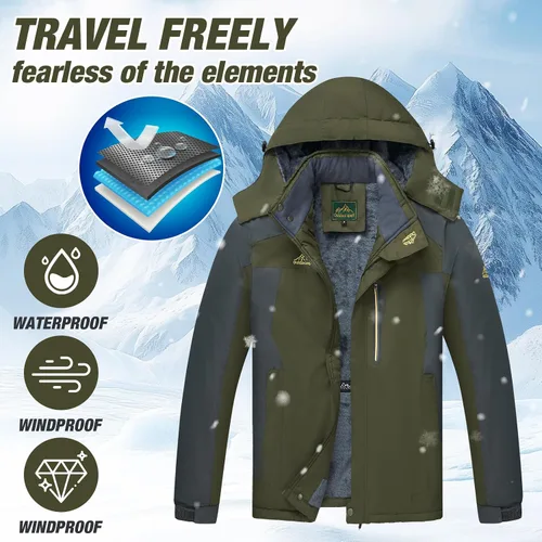 Vista 4 de Chaqueta de esquí de invierno para hombre, cálida e impermeable, forro polar, abrigo de nieve con capucha y resistente al viento, impermeable
