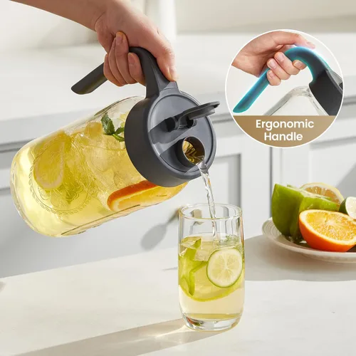 Vista 6 de Jarra Mason Jar de 64 onzas con tapa, boca ancha, jarra de agua de vidrio de 2 cuartos de galón con tapa, resistente, a prueba de fugas, té helado