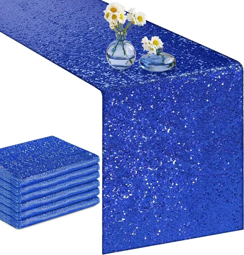 Vista 4 de yuboo Paquete de 6 caminos de mesa de lentejuelas azul rey de 12 x 72 pulgadas con purpurina a granel para decoraciones de bodas, fiestas