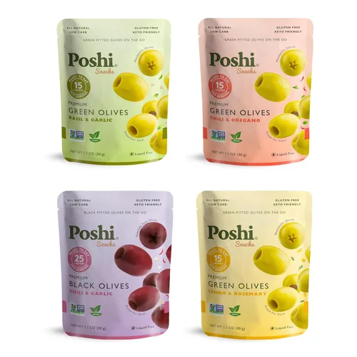 Vista 10 de Poshi Olives + Veggies Variedad de aceitunas enteras sin hueso de 4 sabores Poshi 4 sabores Vegano, Kosher, sin gluten + Snacks saludables