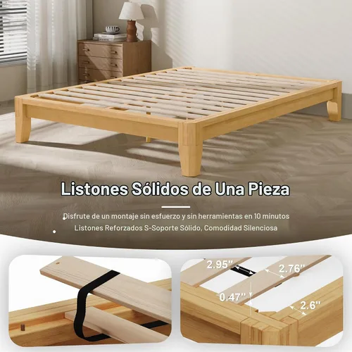 Vista 8 de Marco de cama de bambú macizo Queen, marco de cama de plataforma de carpintería japonesa (natural)