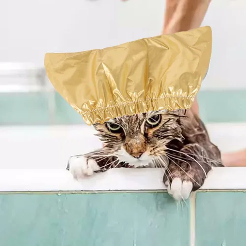 Vista 5 de Gorro de ducha para mascotas, impermeable, con una correa ajustable, fundas para orejas de perro, reutilizable, para gatos y perros
