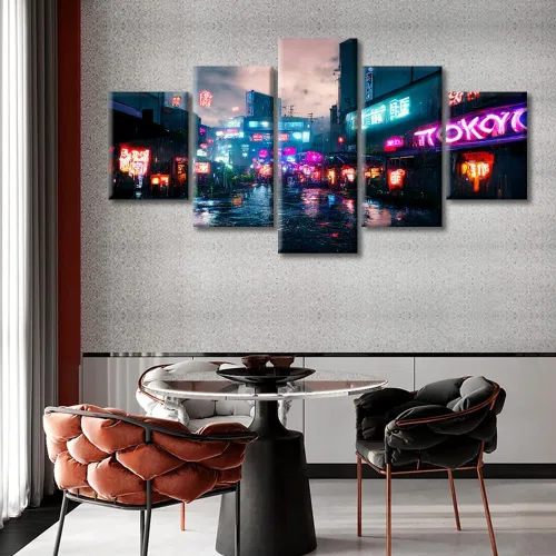 Vista 267 de Cuadros de 5 paneles de Cyberpunk City, arte de pared, representación de vallas publicitarias, edificios modernos en la capital con obras de arte