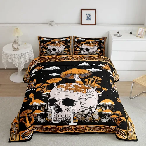 Vista 32 de Juego de edredón de polilla de la muerte, juego de ropa de cama tamaño individual, diseño de calavera gótica, flores botánicas, juego de edredón