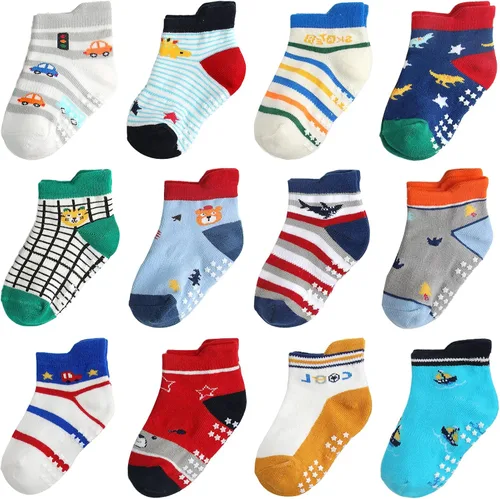 Vista 22 de Calcetines antideslizantes con agarre para tobillos, paquete de 12 unidades para niños pequeños, niños y niñas, lindos calcetines de algodón