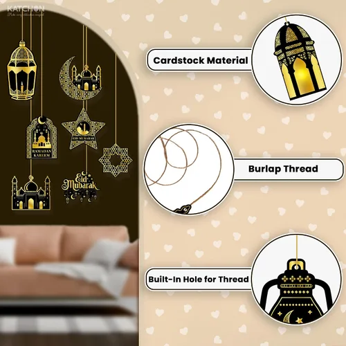 Vista 3 de KatchOn, Decoraciones de Eid Mubarak en negro y dorado – Paquete de 36 Decoración colgante de Eid, guirnalda de Eid para decoraciones de Eid