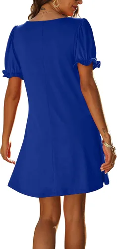 Vista 4 de Aloodor Vestido casual de manga corta con cuello en V y bolsillos para mujer