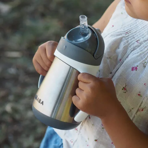 Vista 8 de BEABA - Vaso para sorber con popote de acero inoxidable, vasos aislados a prueba de derrames con asas extraíbles, fabricado con acero inoxidable