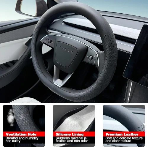 Vista 4 de Funda para volante de Tesla Model 3 y Model Y, cómoda, antideslizante, transpirable, piel de napa negra (negro)
