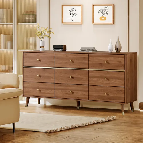 Vista 6 de Chrangmay Cómoda de 9 cajones, cómoda moderna de mediados de siglo de 63 pulgadas de ancho, cómoda de madera con 9 cajones de almacenamiento