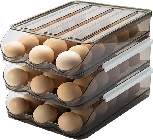 Vista 8 de Soporte para huevos para refrigerador, organizador de desplazamiento automático, contenedor de almacenamiento apilable de plástico reutilizable