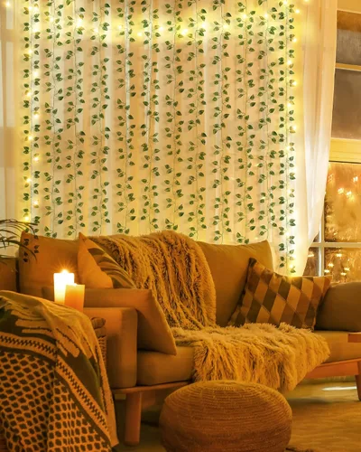 Vista 5 de JACKYLED Paquete de 12 guirnaldas de hiedra artificial de 80 pies, hojas de dinero Pothos con luces de cadena LED de 80 certificadas CE, luces