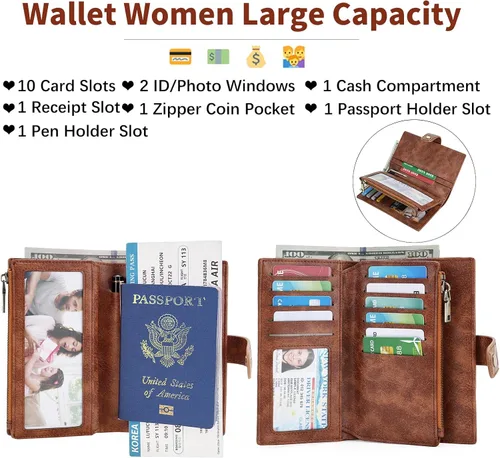 Vista 2 de GOIACII Cartera de viaje para mujer, con bloqueo RFID, triple pliegue, con bolsillo con cremallera para monedas, A01 café, Classic