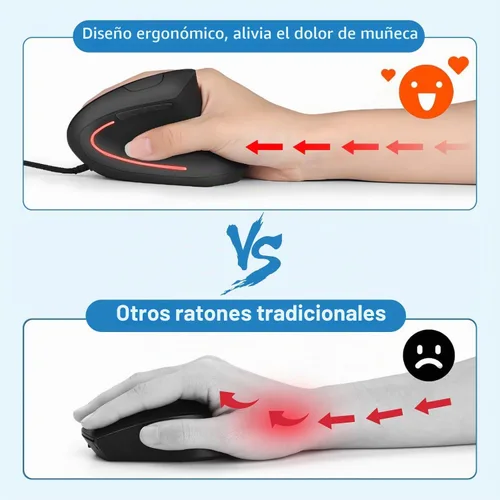 Vista 2 de Ratón ergonómico con cable, mouse vertical con cable USB con 800/1200/1600 DPI ajustable, 6 botones ergonómico para portátil/PC/escritorio, negro