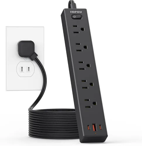Vista 11 de HOPOW Regleta de alimentación de enchufe plano, cable de extensión ultrafino de 3 pies, protector de sobretensiones con 5 salidas y 3 puertos USB