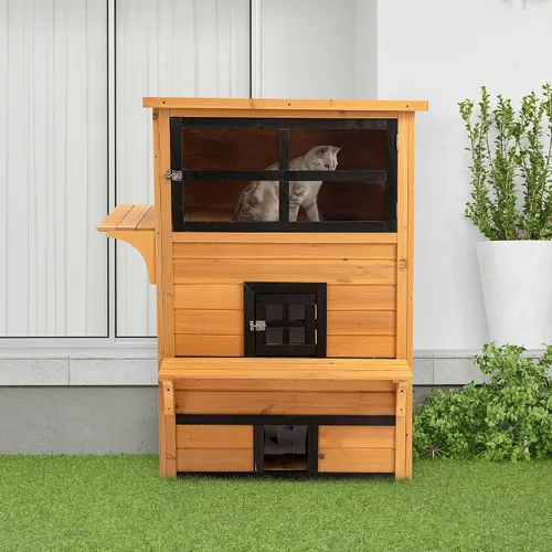 Vista 9 de 3-Tier Modular Cat House: Asphalt Roof, Lifted Floor, Escape Door + Jump Platforms, Yellow/Black Finish, 38.5x27x48in, Fir Construction, 10lb