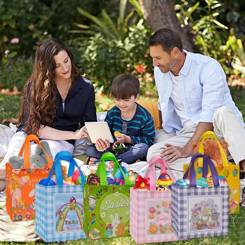 Vista 2 de 12 bolsas de regalo de Pascua, bolsas grandes reutilizables para cesta de Pascua, bolsas de regalo de Pascua no tejidas para envolver regalos, juego